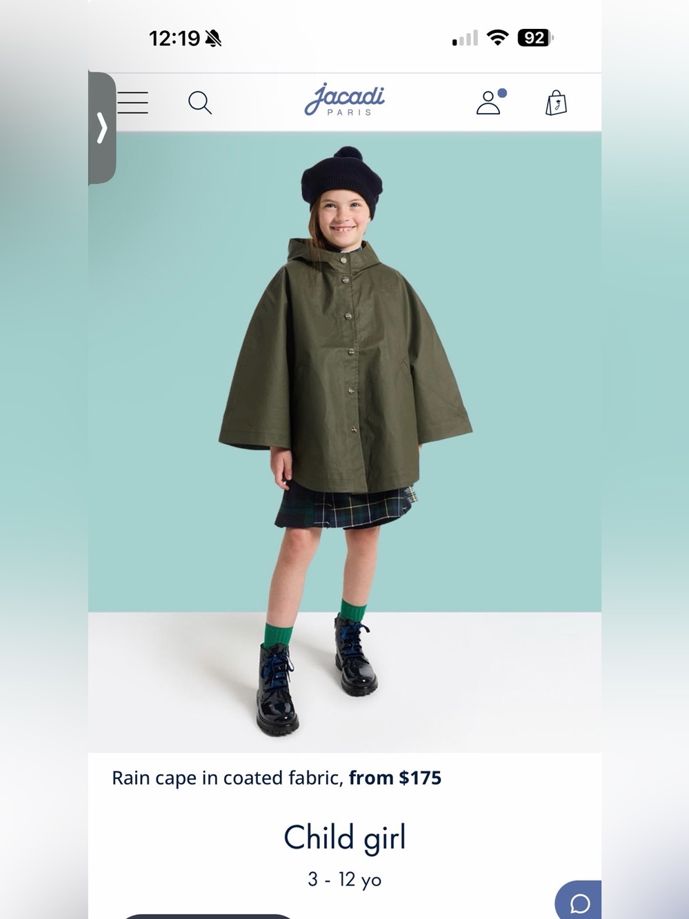 Jacadi Hooded Rain Cape in coated fabric